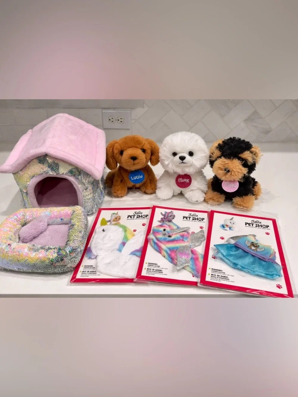 Justice Pet Shop Plush Pets + Accessories Bundle Lot (Dogs, Outfits, Bed, House)